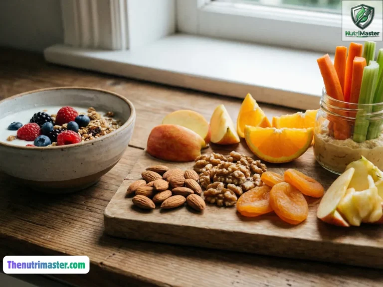 A close-up view of a healthy snack assortment featuring nuts, fresh fruit, yogurt, and vegetable sticks arranged on a wooden counter, illuminated by soft natural light in a cinematic style.