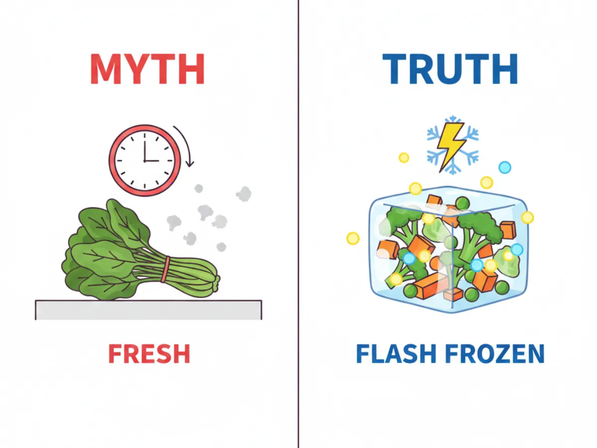 Illustration comparing nutrient retention in fresh versus frozen vegetables.