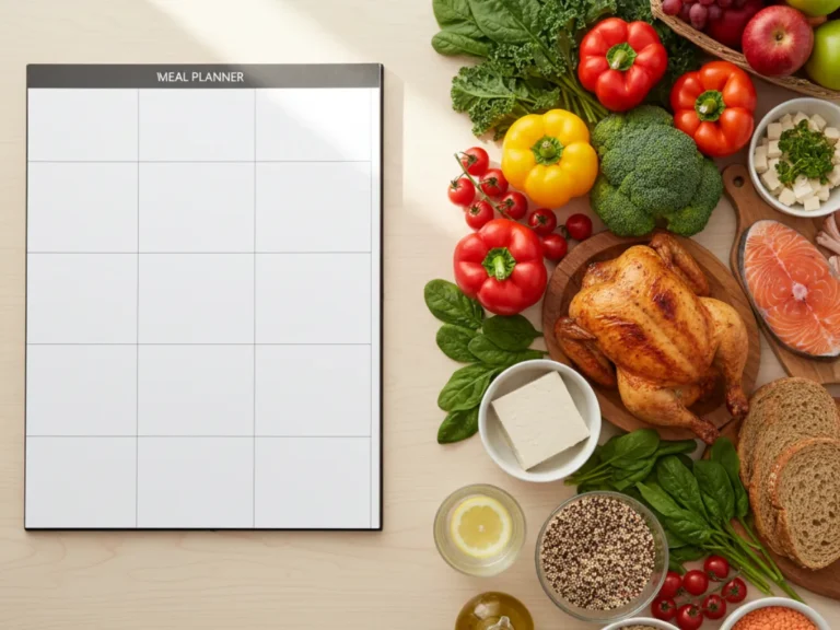 Ingredients and a weekly meal planner arranged neatly on a table.