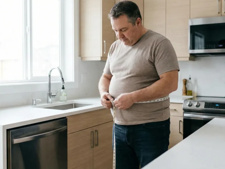 Adult measuring waist size at home while tracking weight loss progress