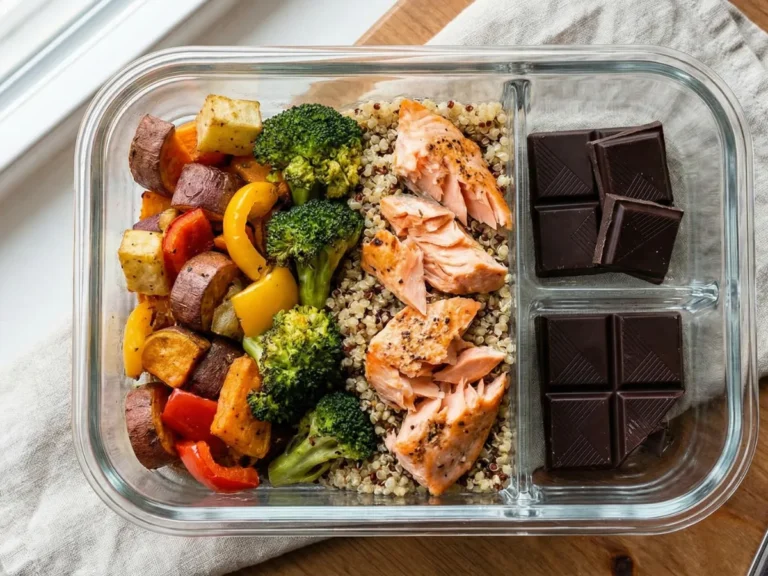 Meal prep container demonstrating the 80/20 rule with healthy food and a small treat.