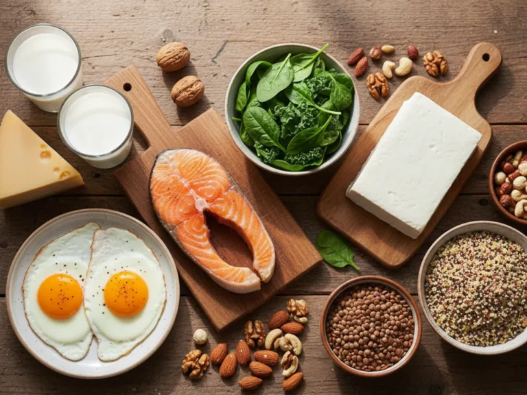 Mixed protein foods (animal and plant sources) on a wooden surface.