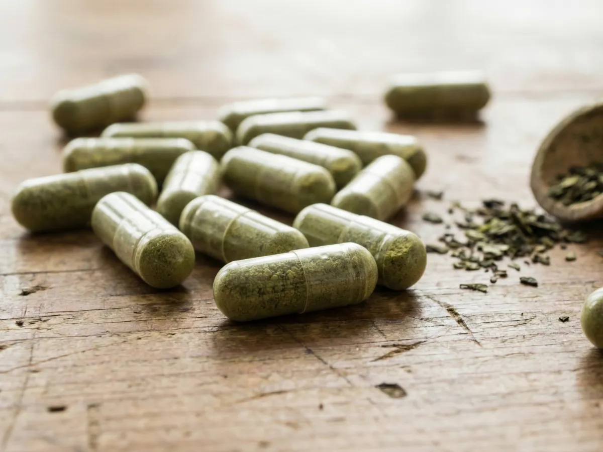 Green tea extract supplement capsules on natural surface