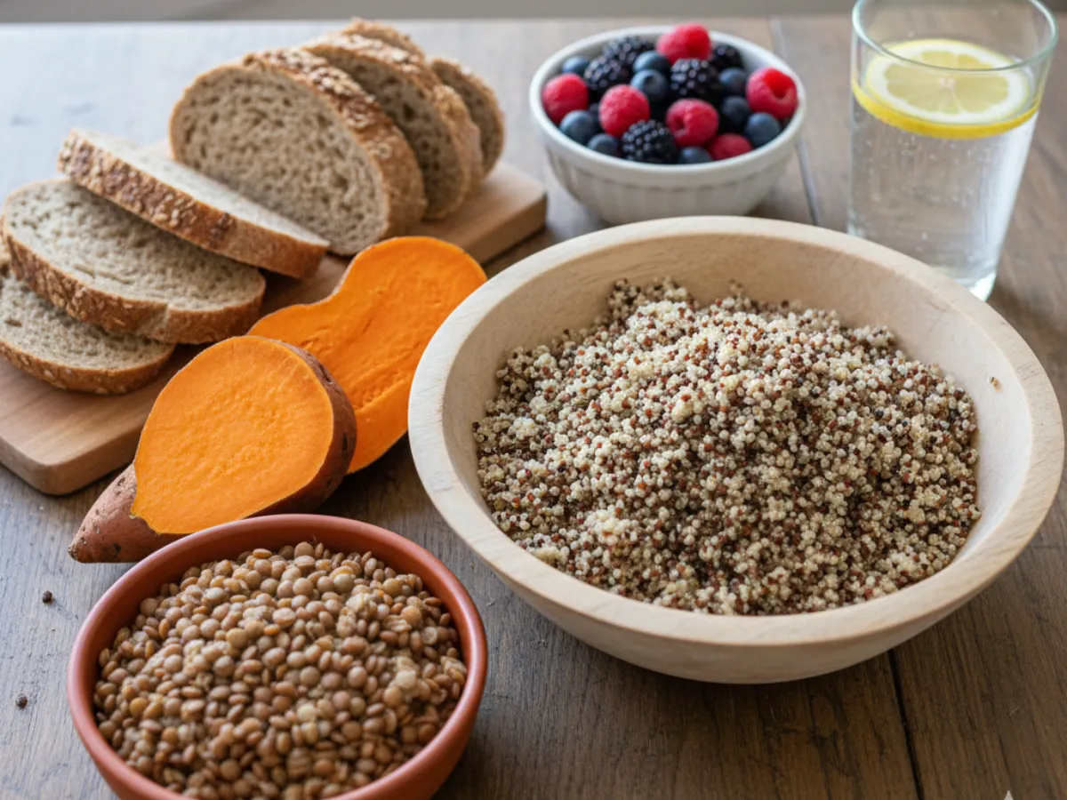 Assortment of healthy carbohydrate foods (quinoa, sweet potato, berries, lentils, whole-grain bread) on a wooden table.