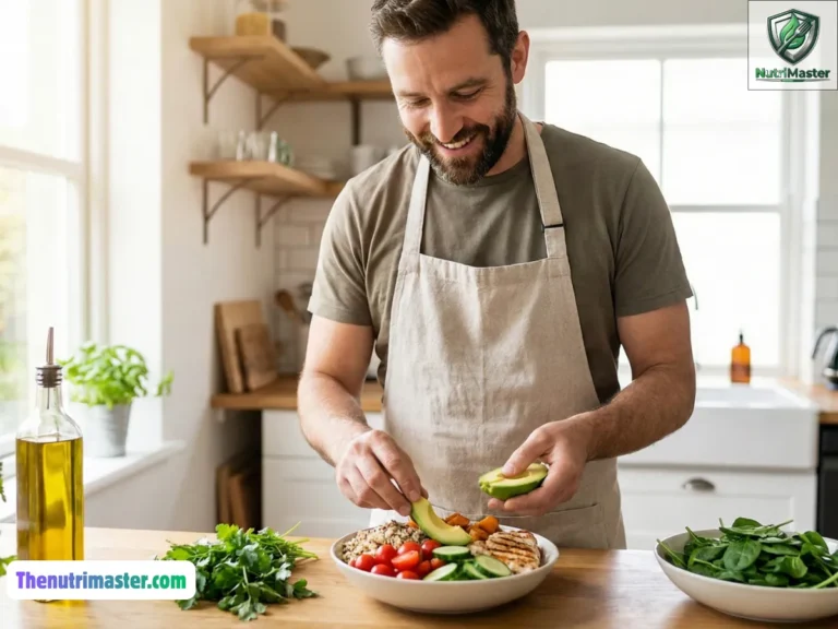 A person assembling a balanced meal at home with fresh ingredients, bright kitchen lighting, realistic lifestyle photography.