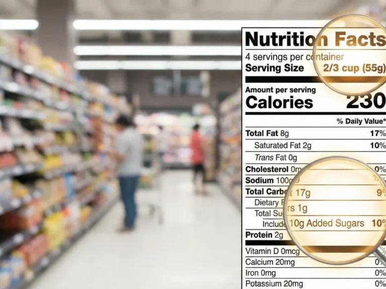 Breakdown of a nutrition facts label highlighting serving size and added sugar.