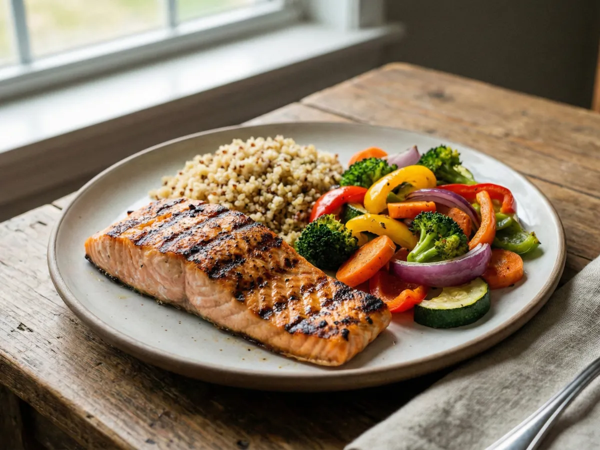 Balanced nutritious meal for eating window during intermittent fasting.
