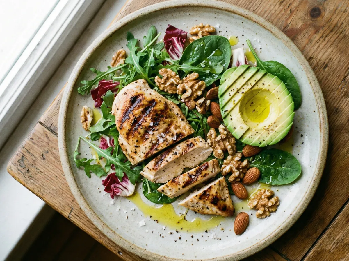 Balanced low-carb meal with chicken, greens, and avocado.