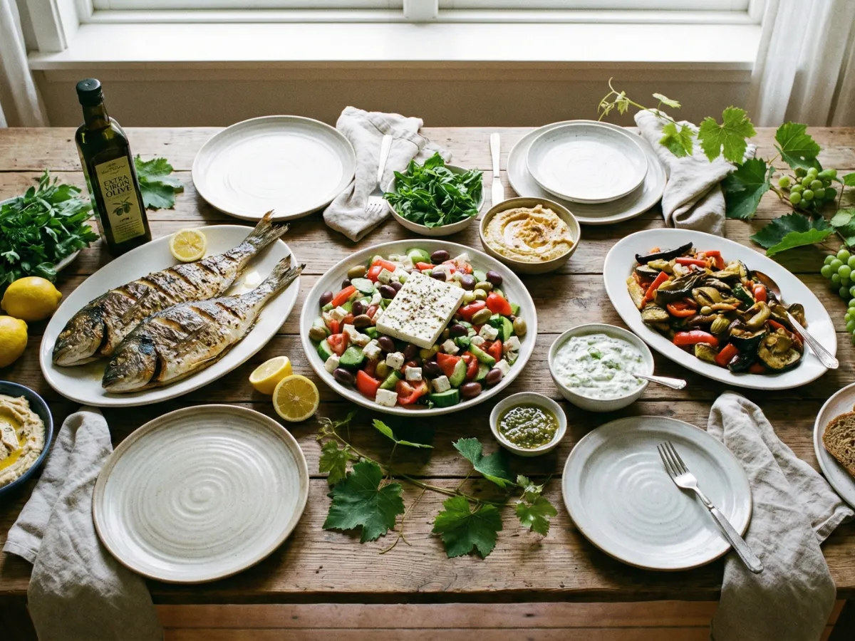 Mediterranean diet foods arranged on table