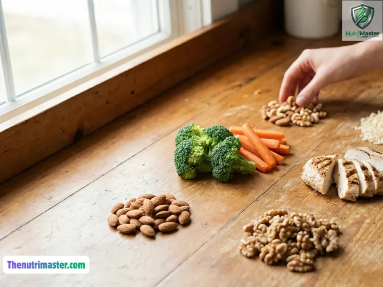 A person using their hand to estimate portion sizes for protein, carbs, and fats in a bright kitchen, cinematic realistic lighting.