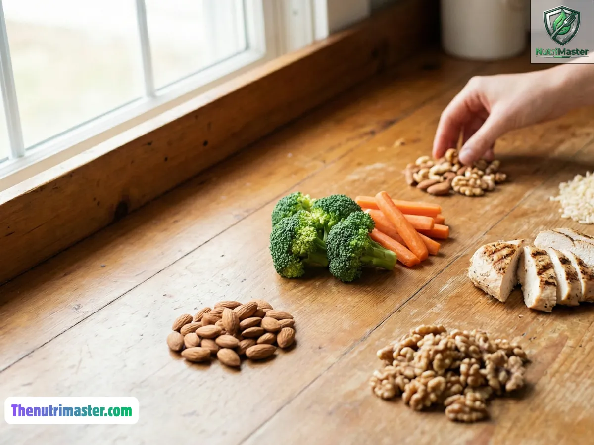 A person using their hand to estimate portion sizes for protein, carbs, and fats in a bright kitchen, cinematic realistic lighting.