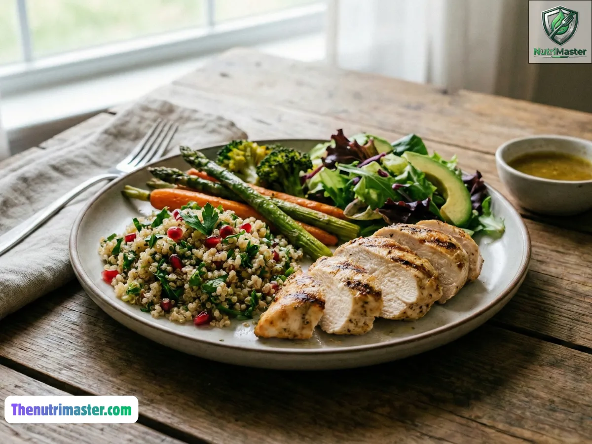 A neatly arranged balanced meal plate featuring colorful vegetables, whole grains, and lean protein on a wooden table, illuminated by soft natural light in a cinematic food-photography style.