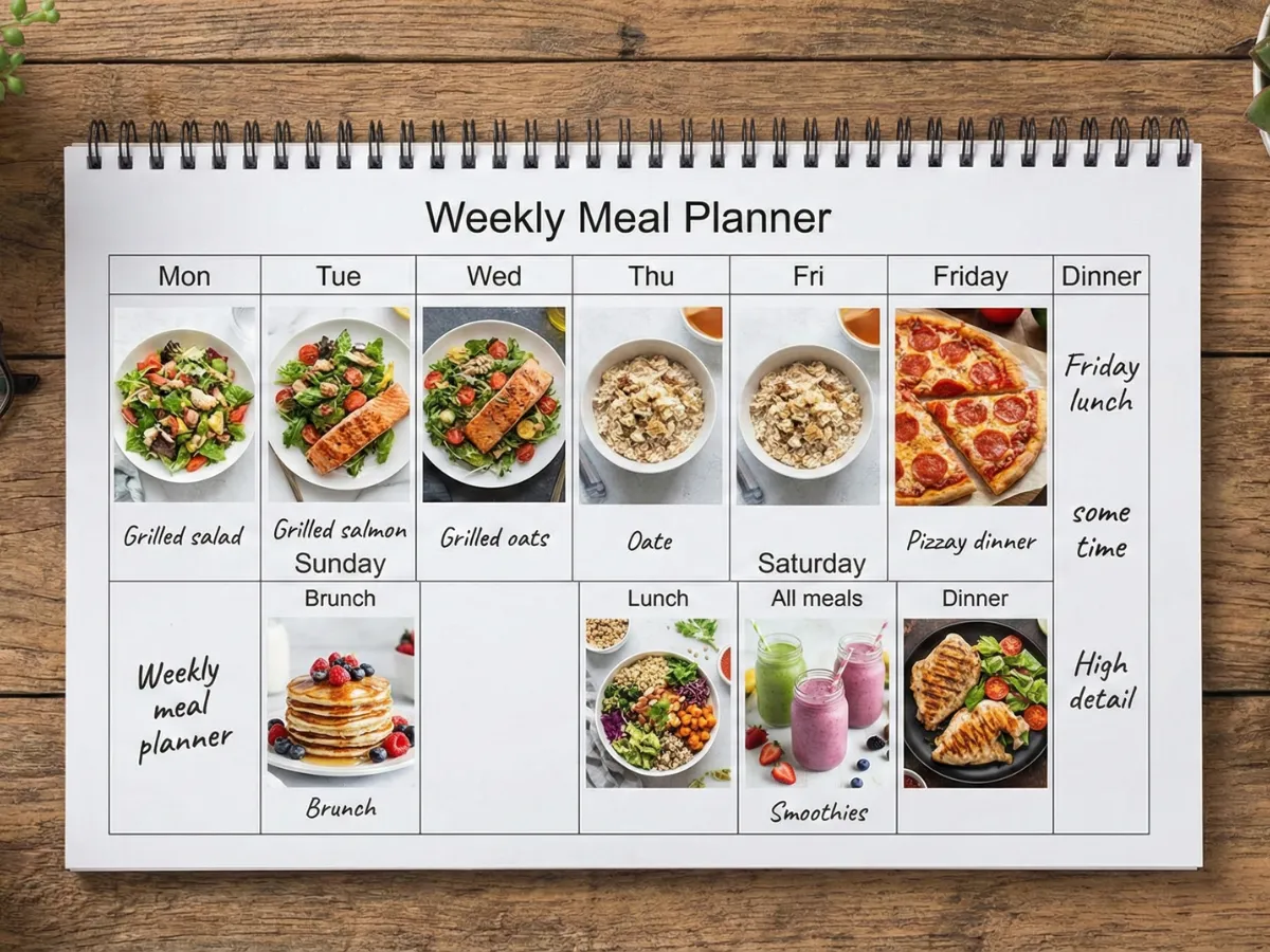 Weekly meal planner showing healthy meals for weekdays and treats on weekends.