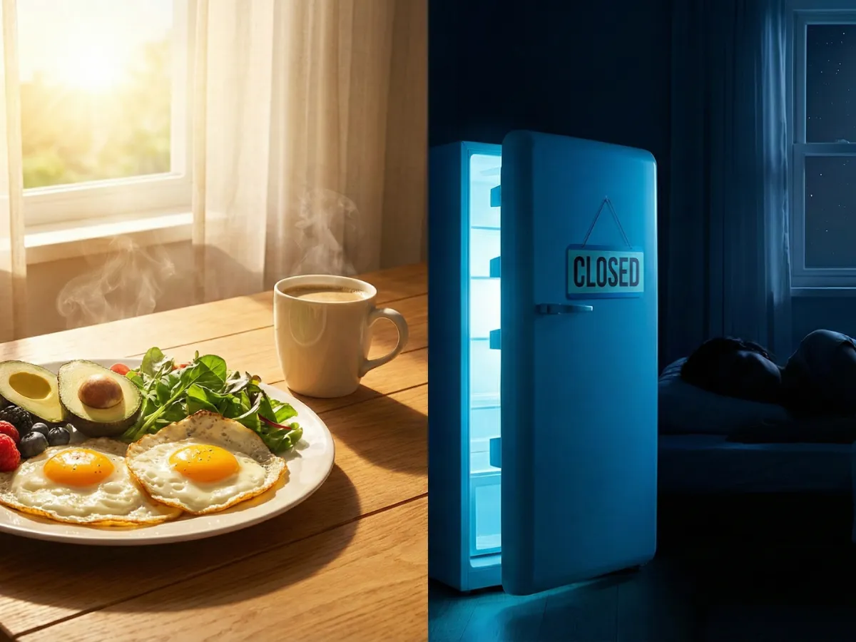Contrast between active morning eating and rest-focused night fasting.