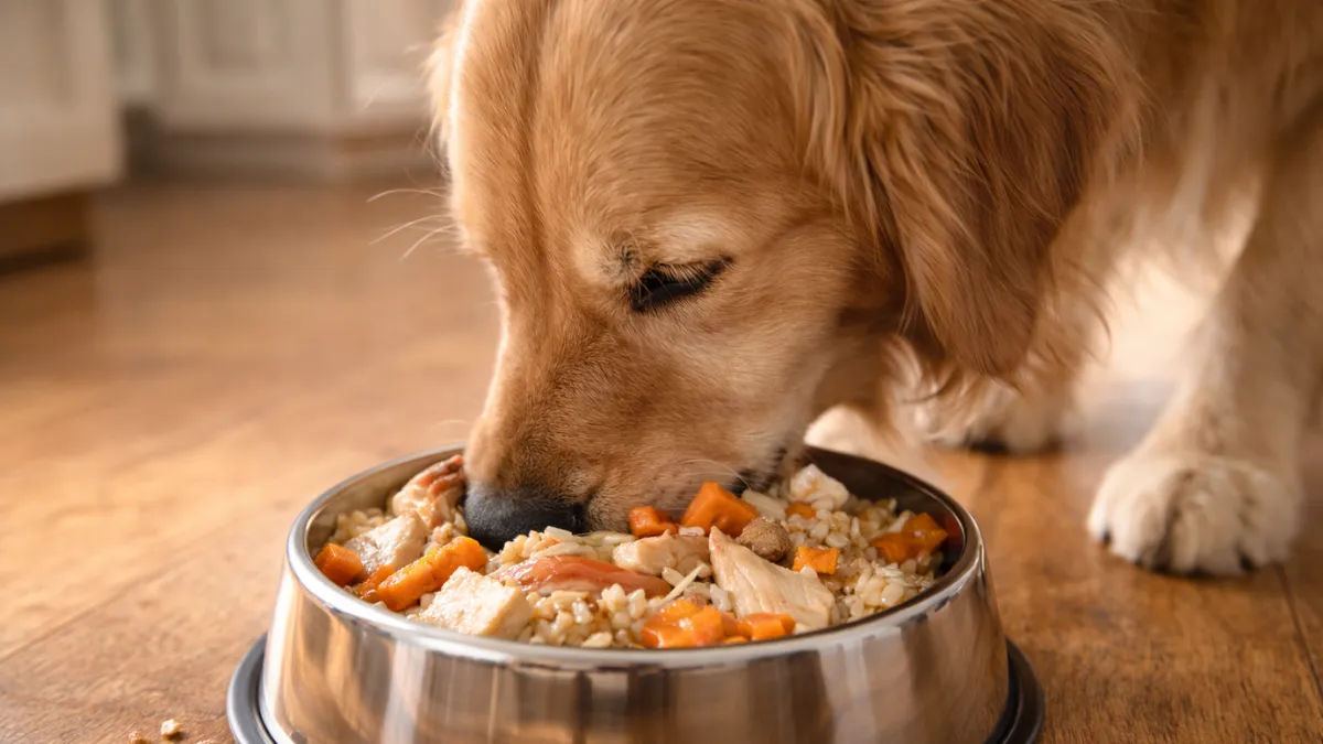 Golden retriever consuming high-quality animal protein-based meal with whole grains and vegetables.