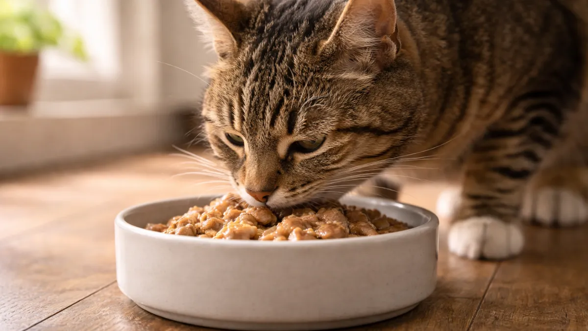 Adult cat consuming high-moisture food to support hydration and urinary health