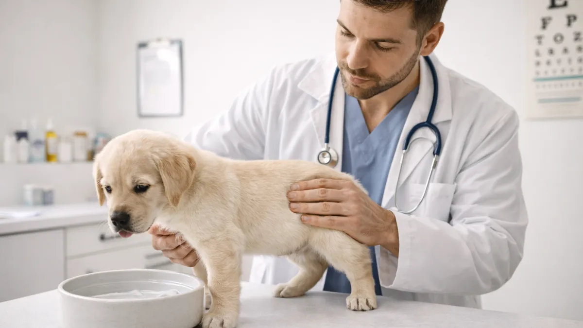 Veterinarian performing body condition assessment on growing puppy during nutrition consultation
