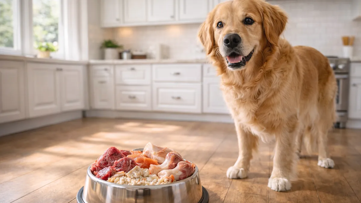 Adult dog near bowl of raw meat and bones in kitchen