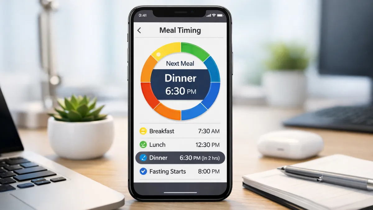 Circadian eating schedule tracking application on smartphone showing meal windows