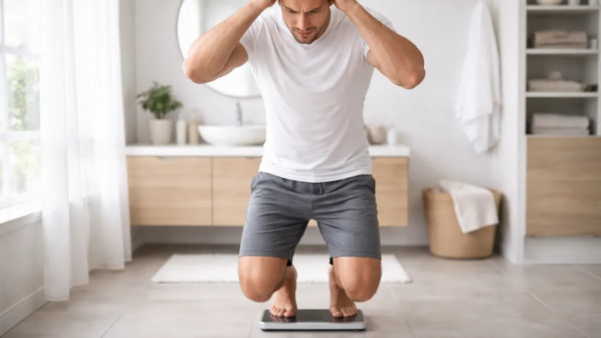 Individual weighing themselves during weight loss plateau experiencing frustration with stalled progress