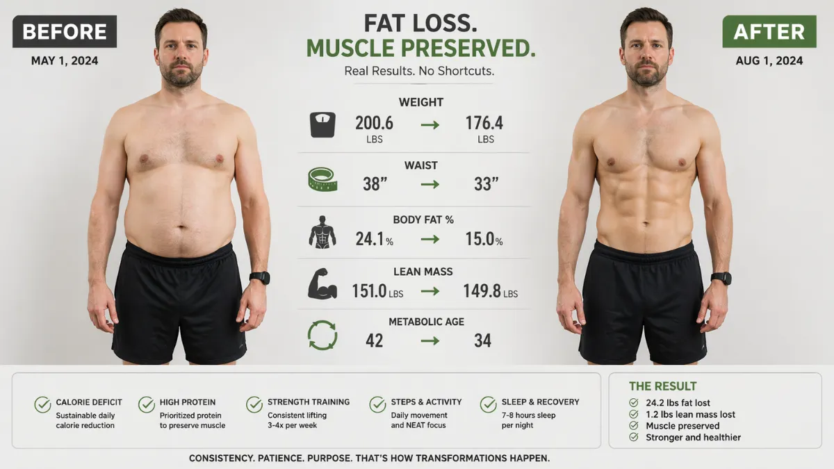 Side-by-side body composition comparison showing fat loss with muscle preservation