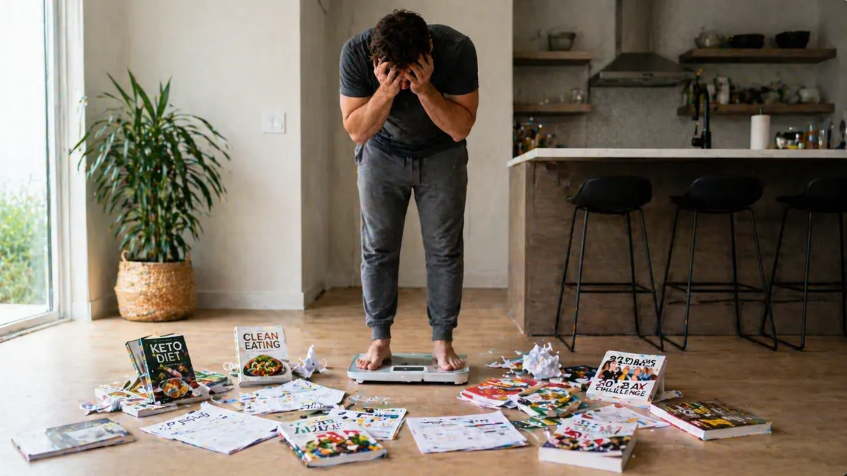 person stepping on scale frustrated diet failure