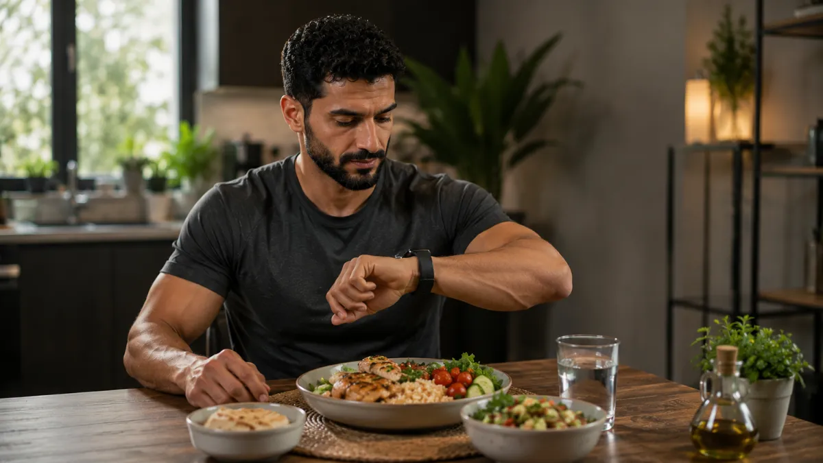 رجل عربي يتبع نظام الصيام المتقطع مع وجبة صحية متوازنة