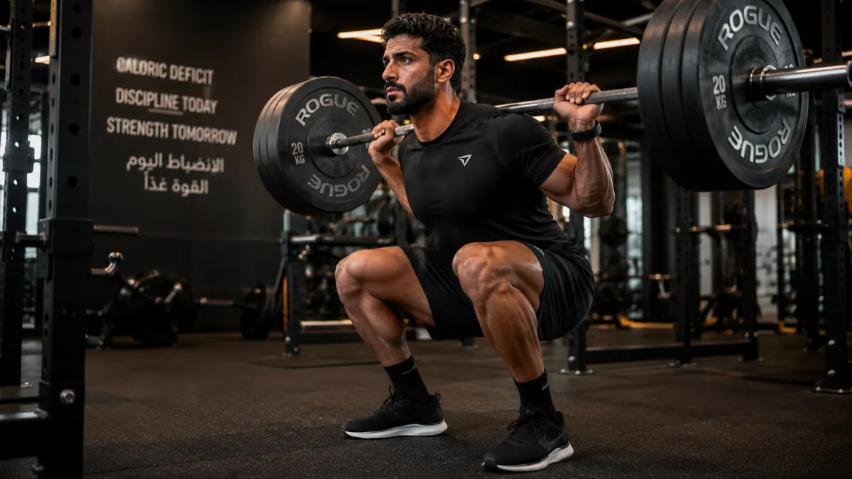 رجل عربي يمارس تمرين القرفصاء بالبار في صالة رياضية حديثة خلال مرحلة إنقاص الوزن مع الحفاظ على العضلات